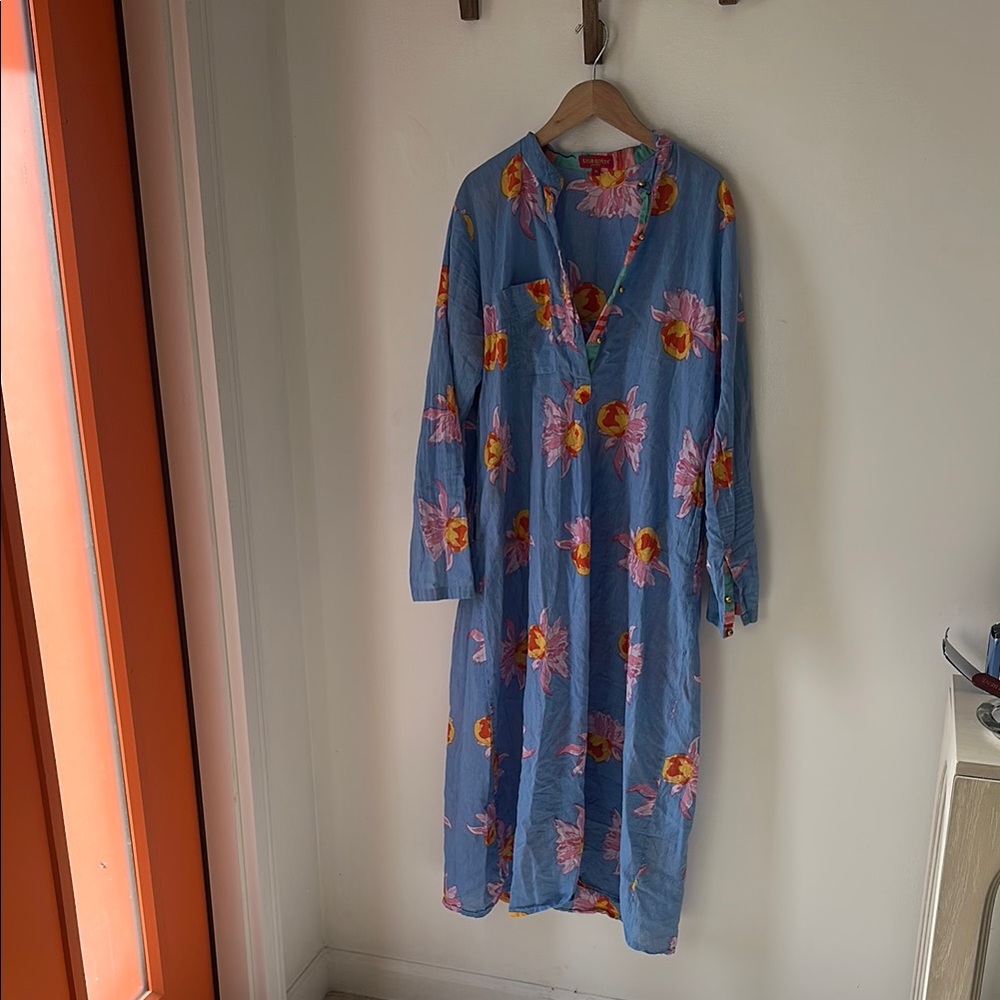 Lisa Corti Blue Floral Long Sleeve V-Neck Midi Dress